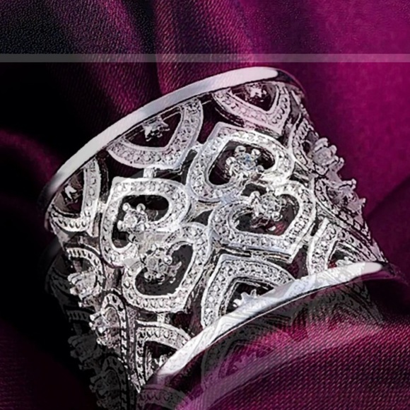 STERLING SILVER HEART HOLLOW OUT WIDE CUFF BANGLE BRACELET RING SET - Picture 10 of 15